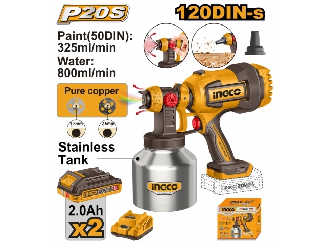 INGCO 20V Cordless Spray Gun (Stainless Tank) CSGLI200414