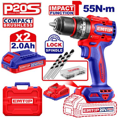 EMTOP 20V Compact Brushless Cordless Impact Drill 55Nm ECIDL20558
