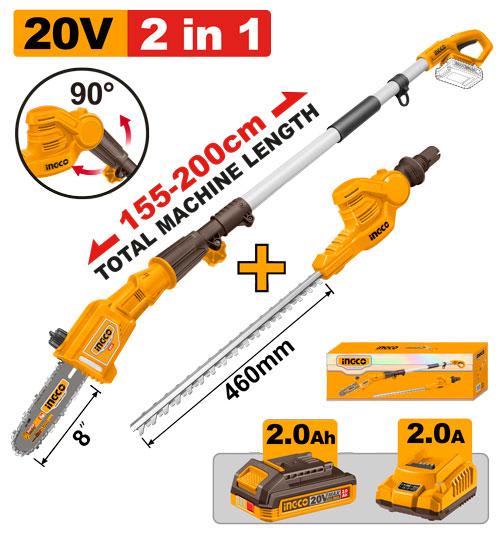 INGCO Lithium-Ion Pole Saw With Pole Hedge Trimmer CPTS201681
