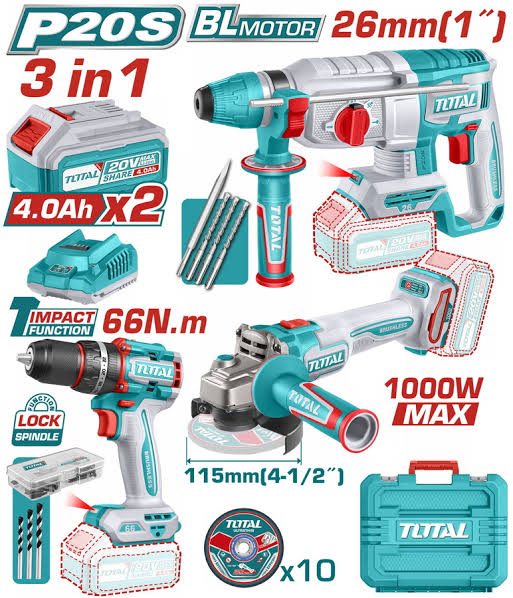 TOTAL 20V 3pcs Cordless Combo Kit TCKLI202598