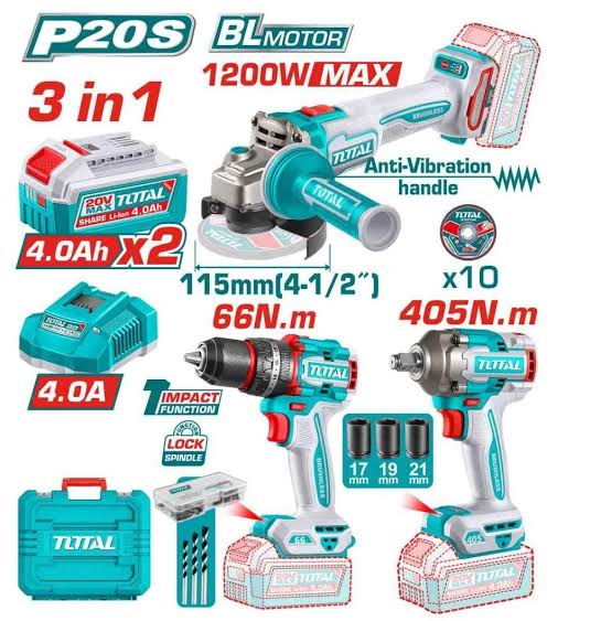 TOTAL 20V 3pcs Cordless Combo Kit TCKLI20358