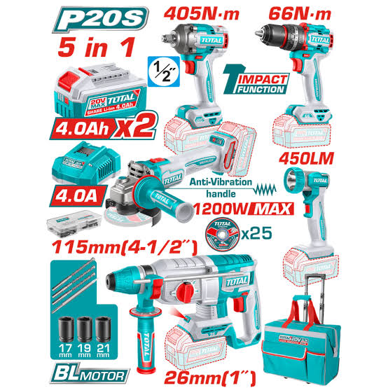 TOTAL 20v 5pcs Cordless Combo Kit TCKLI20595