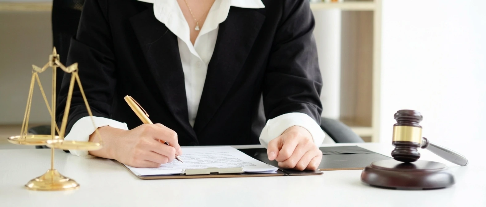 Attorney signing documents beside a gavel and scales of justice