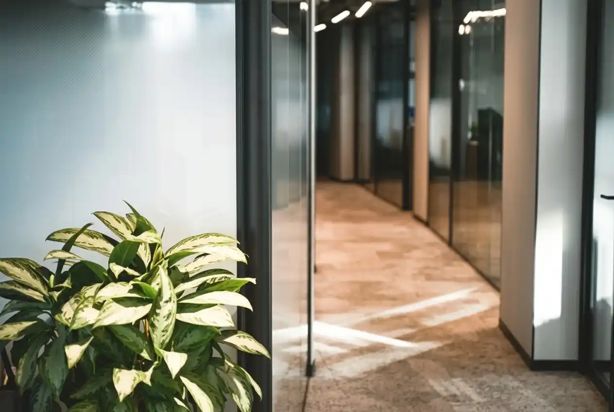 Modern law office corridor with glass walls