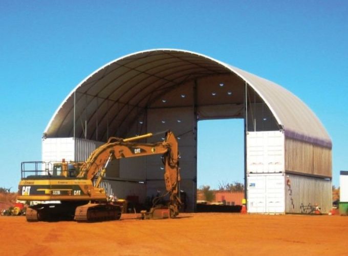Two container tall DomeShelter for big digging equipment.