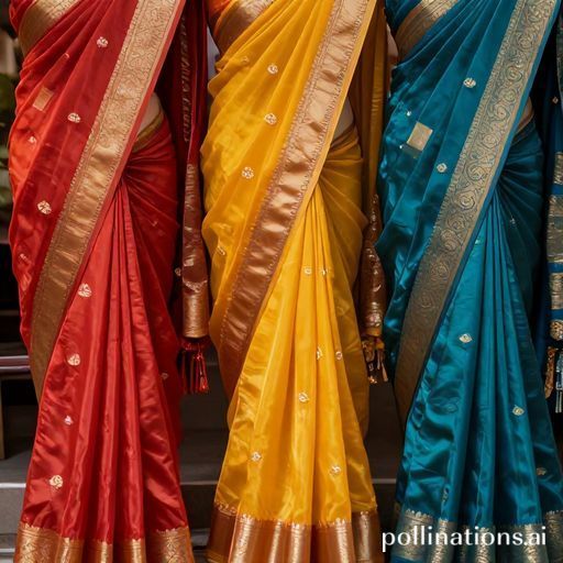 A collection of vibrant saree fabrics displayed, including cotton, georgette, and silk