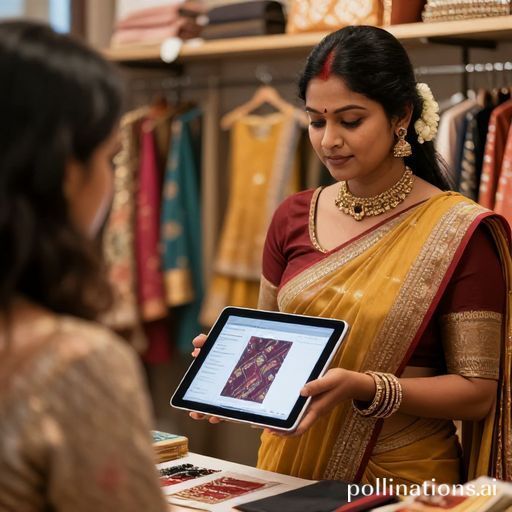 Boutique owner showing digital fabric trial to customer on tablet