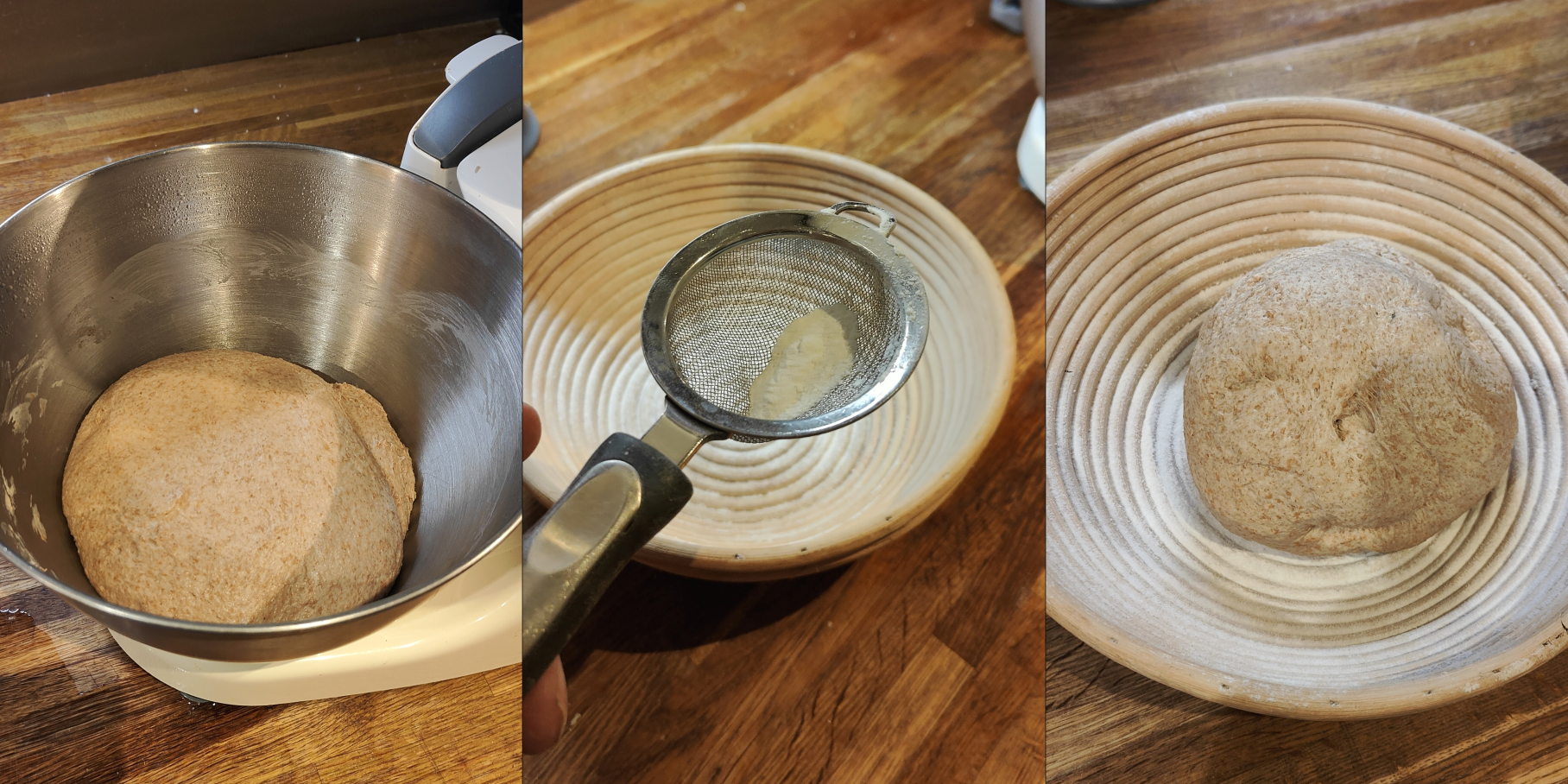 The risen dough (left), flouring the banneton (centre), adding the dough (right)