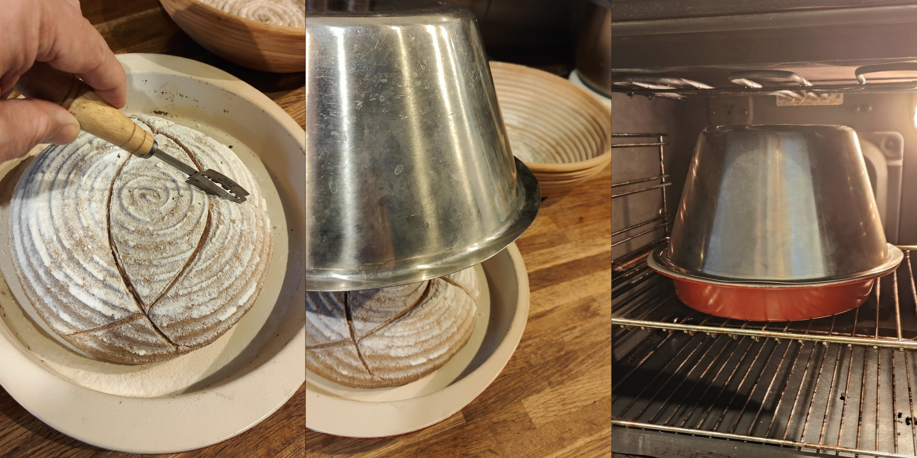 Slice it up good (left), making a dutch oven (centre), baking in a dutch oven (right)