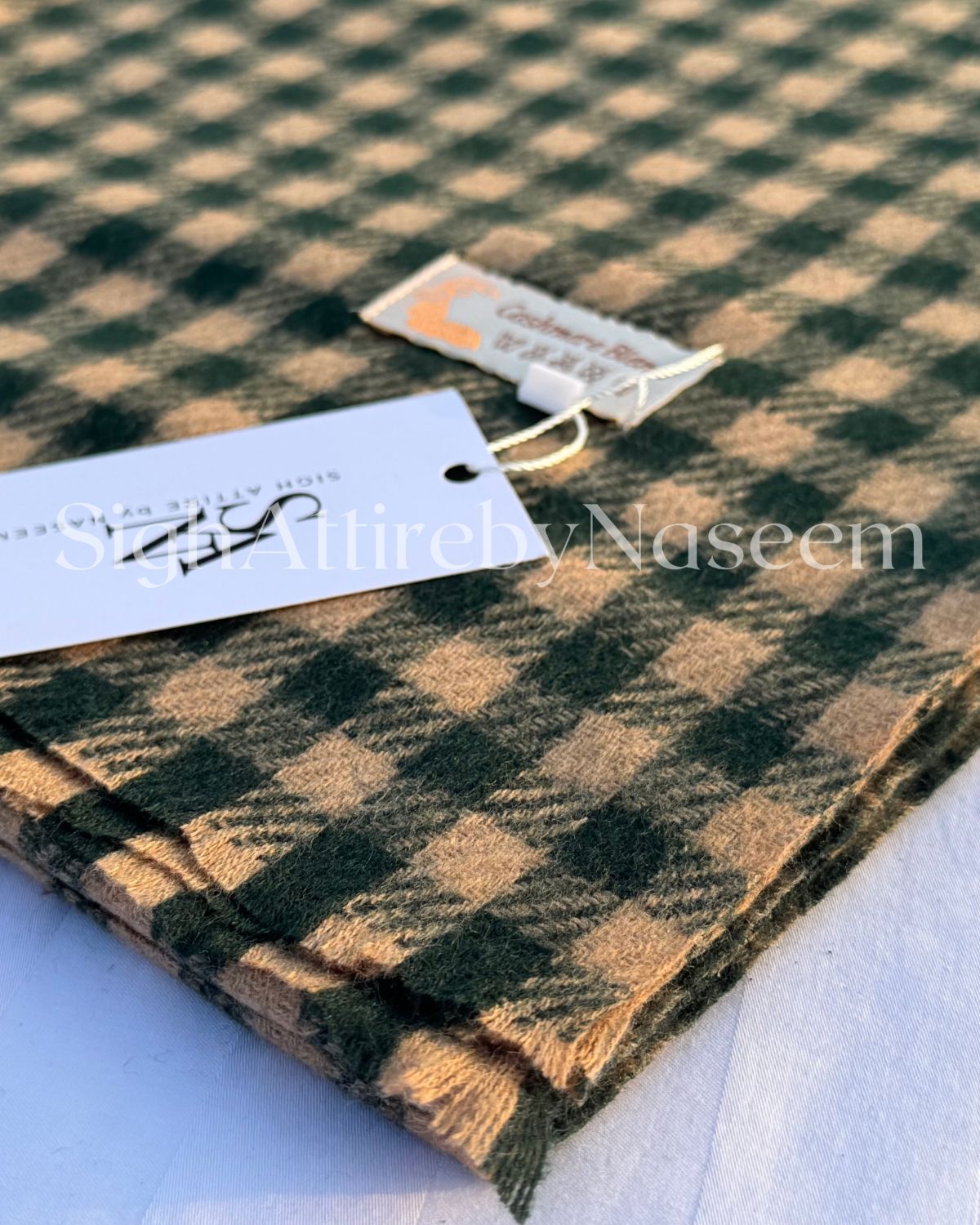 Checkered Pattern Cashmere Stoles - Dark Green thumbnail 2