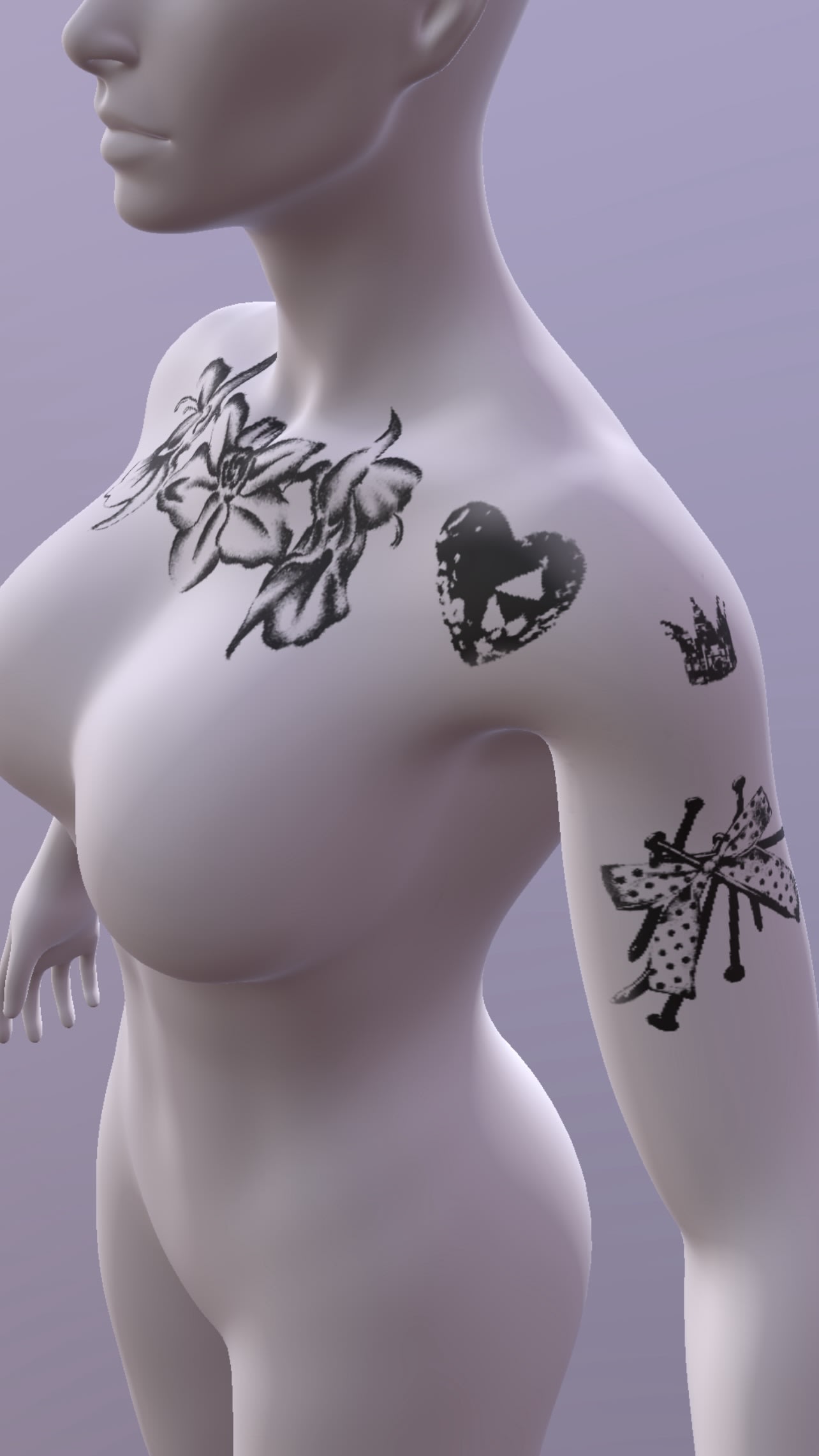 Propozycje tatuaży: lilie na obojczyku, serce i kokarda w groszki na ramieniu — Parvata Tattoo Wrocław