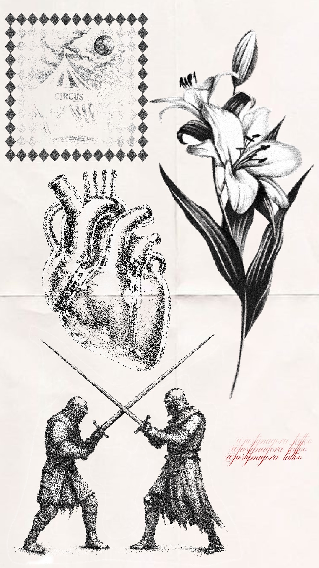 Dotwork-Motive: anatomisches Herz, Lilien und Ritterduell — Tattoo-Motivblatt Breslau
