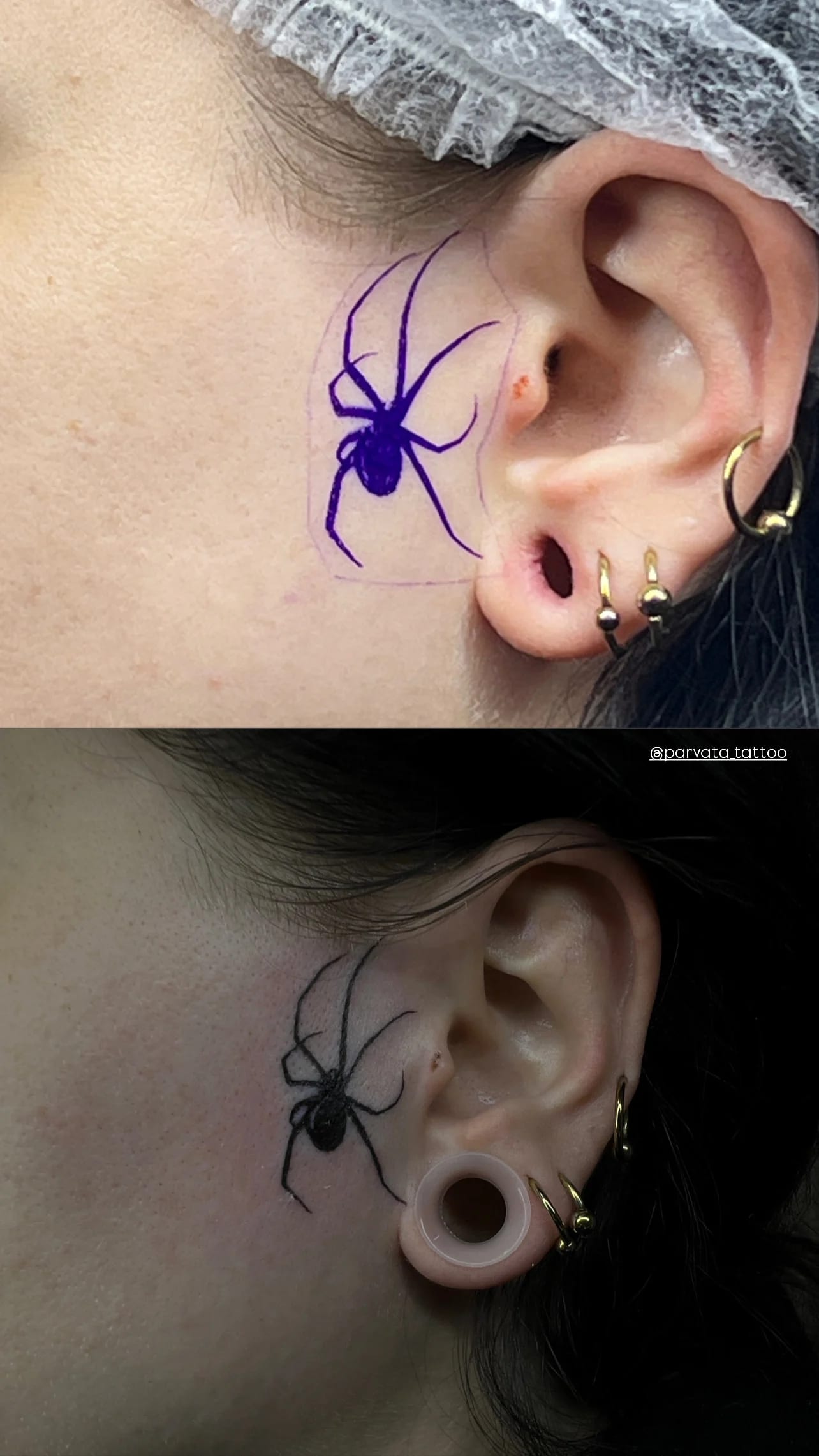 Araña negra minimalista tatuada en la piel junto a la oreja.