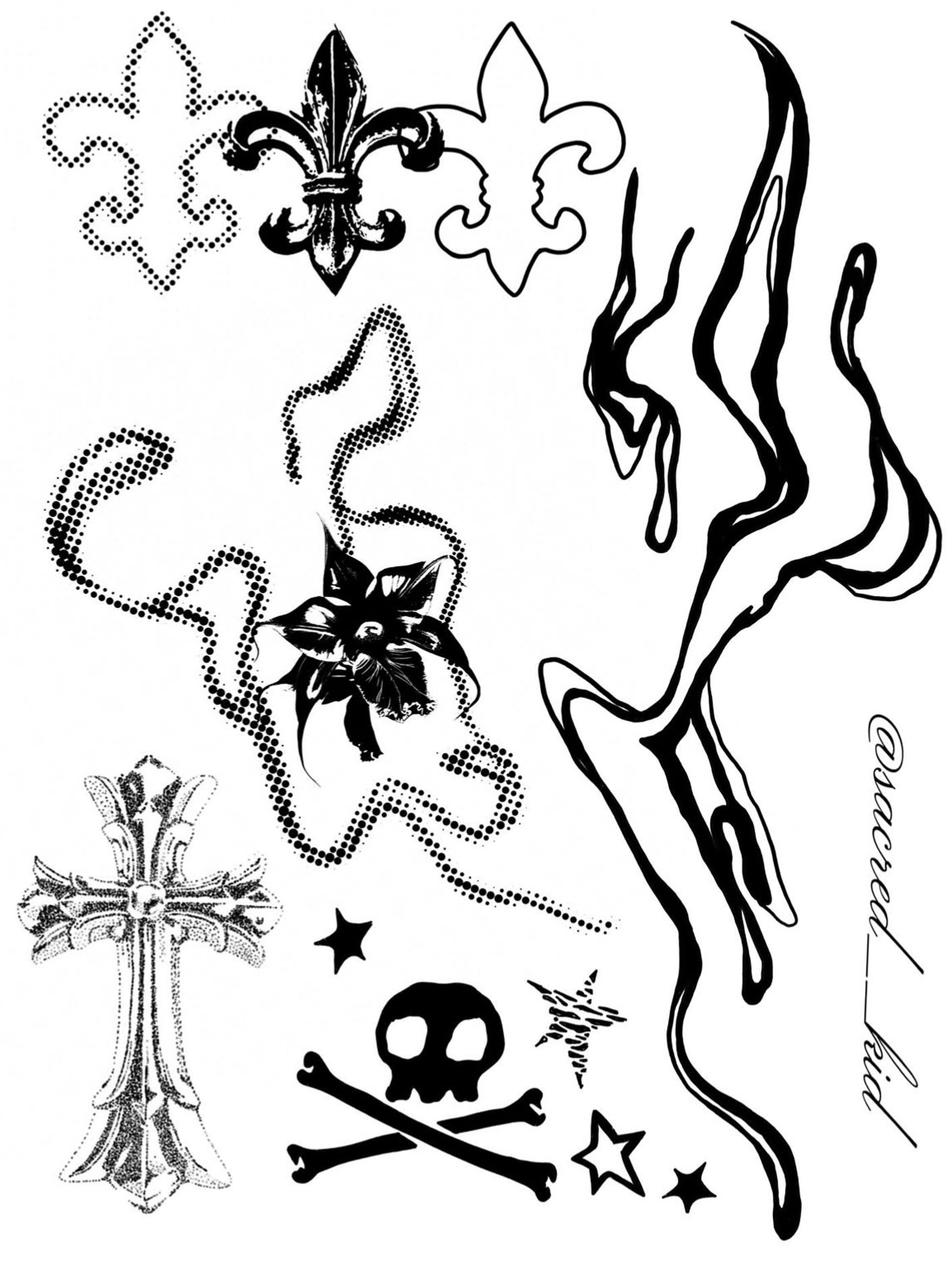 Zestaw tatuaży z krzyżem, czaszką, motywami fleur-de-lis i abstrakcyjnymi liniami w stylu dotwork i blackwork.