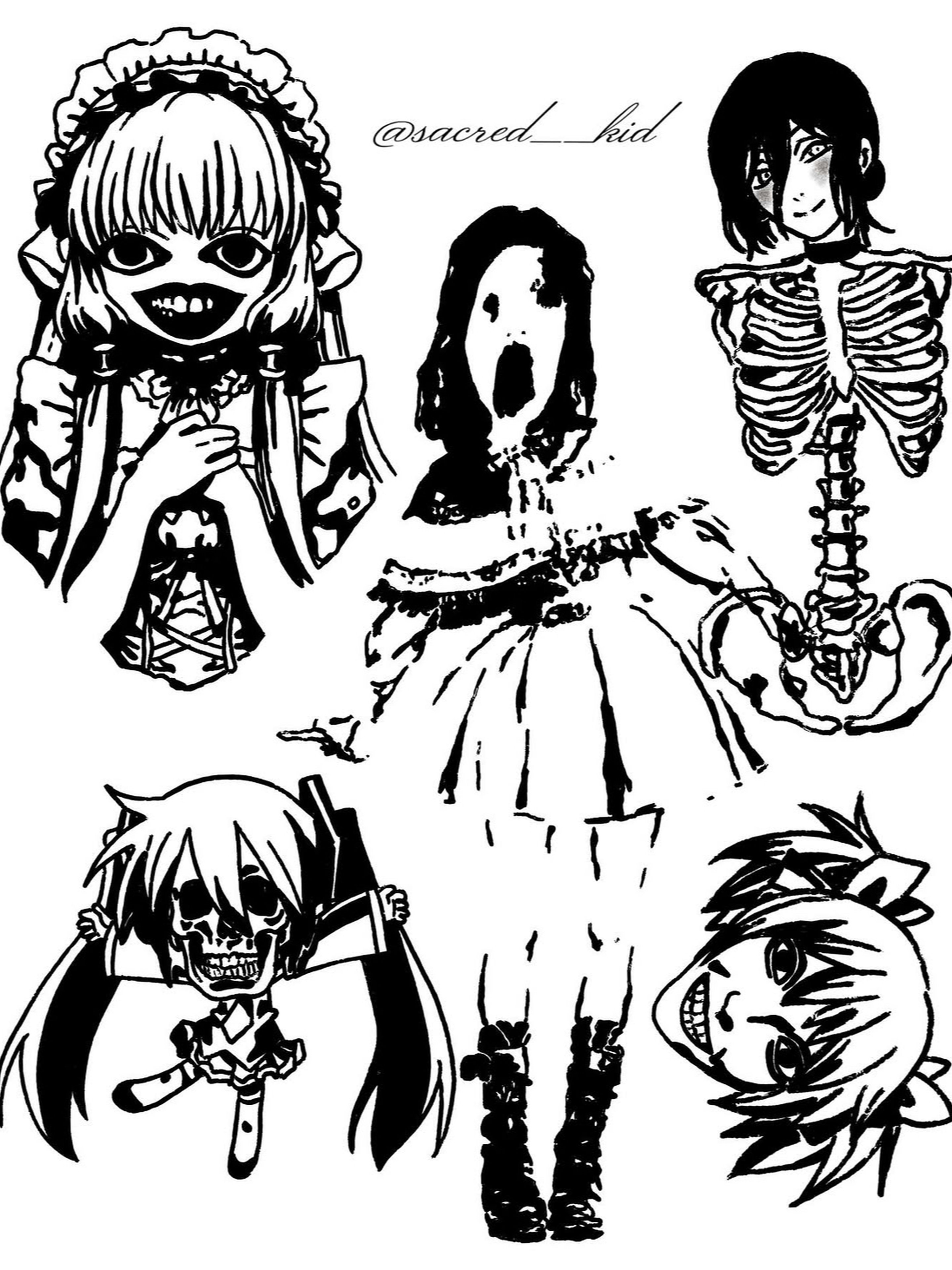 Zbiór mrocznych postaci w stylu anime z elementami szkieletów i groteski, czarno-biała grafika tatuażowa.