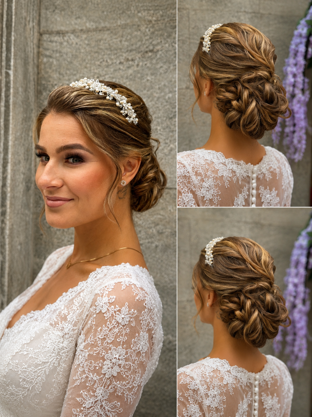 Elegant bruduppsättning med mjuk, låg knut och pärldetalj – brudfrisyr från Bebas Hair & Beauty på Östermalm i Stockholm