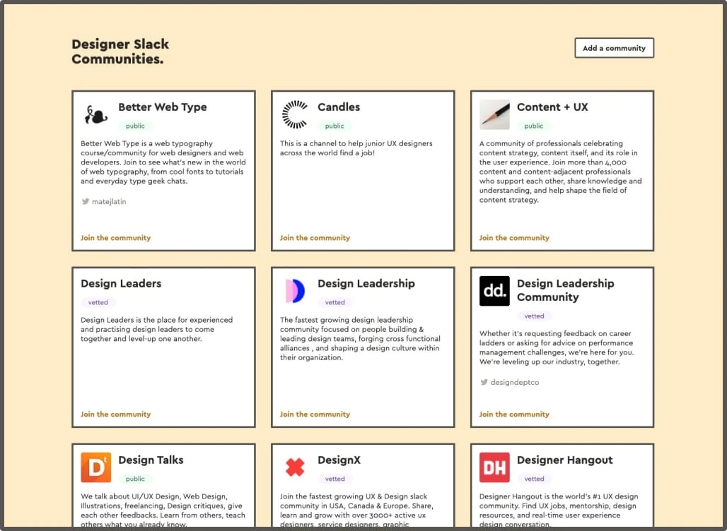 Designer Slack Communities website homepage screenshot
