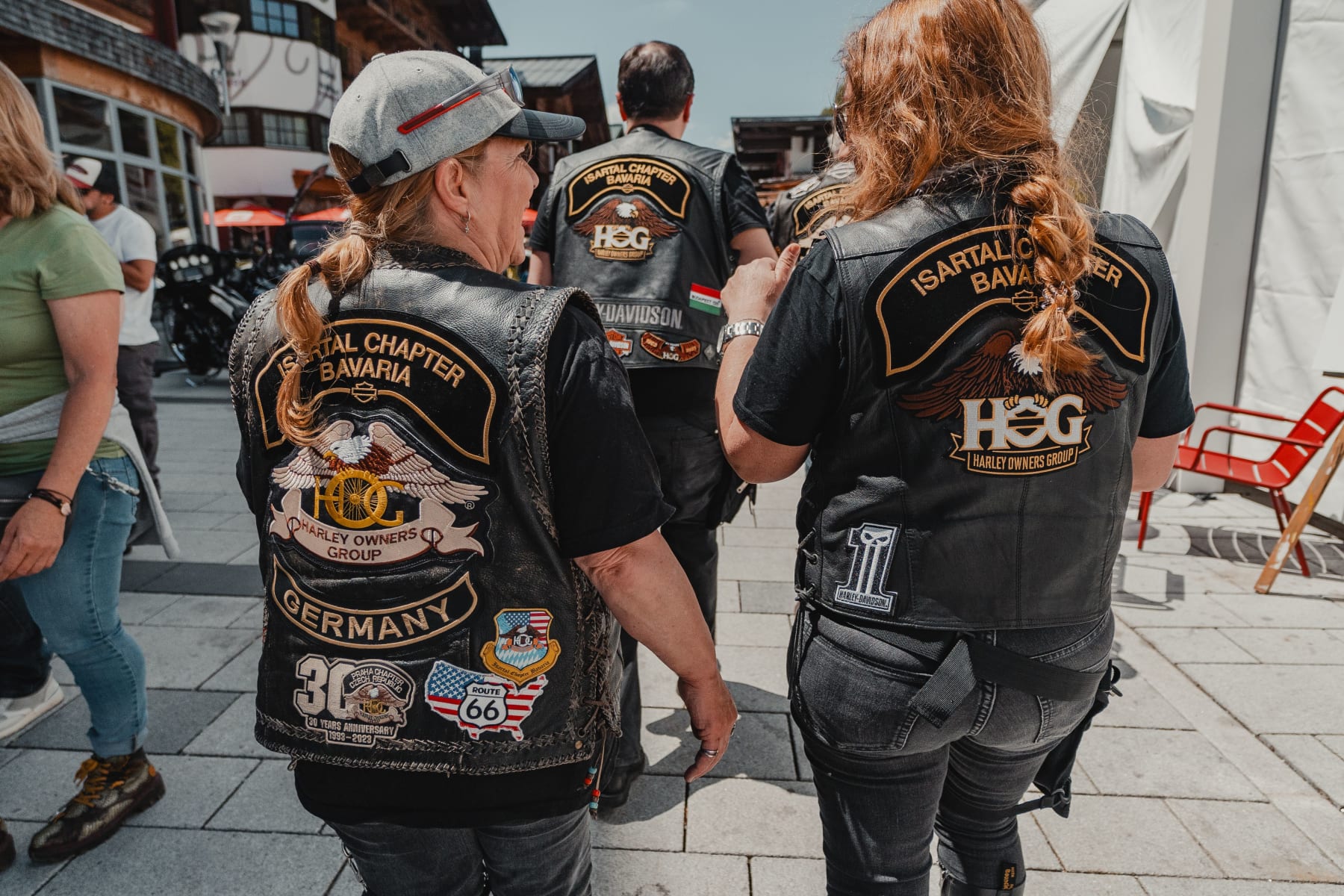 Bikers in Glemmtal wearing Harley Davidson jackets and patches