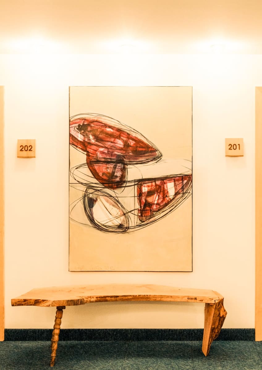 Glemmtalerhof in Hinterglemm with modern art and a wooden bench in the hallway.