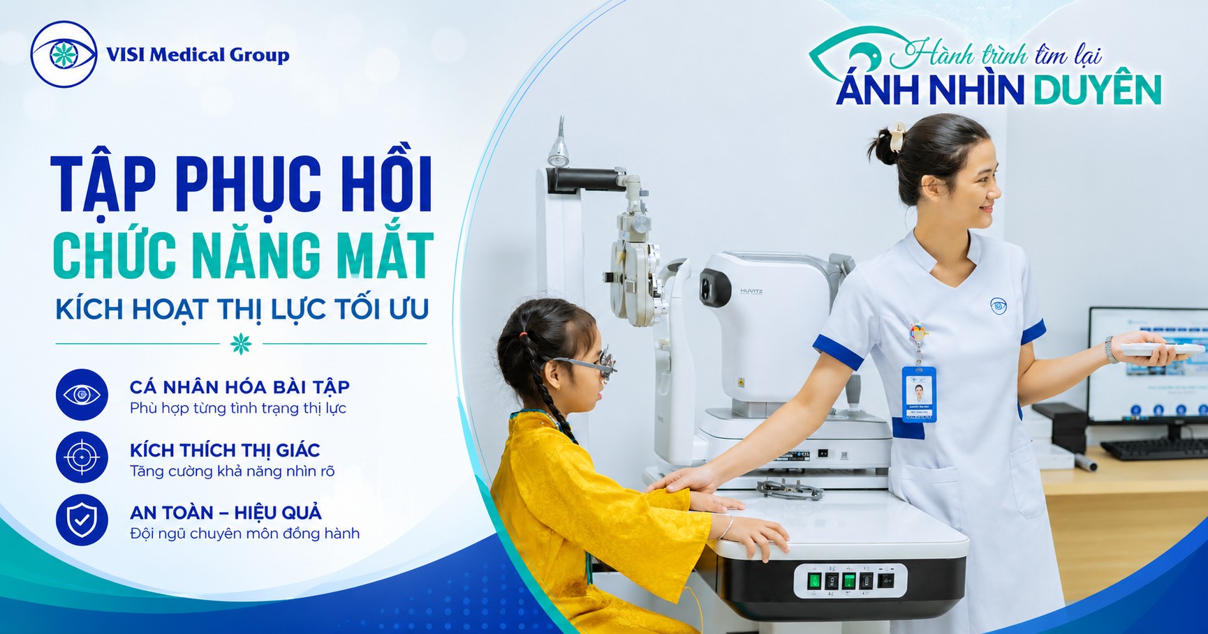 Kỹ thuật viên hướng dẫn bài tập phục hồi chức năng cơ vận nhãn tại VISI