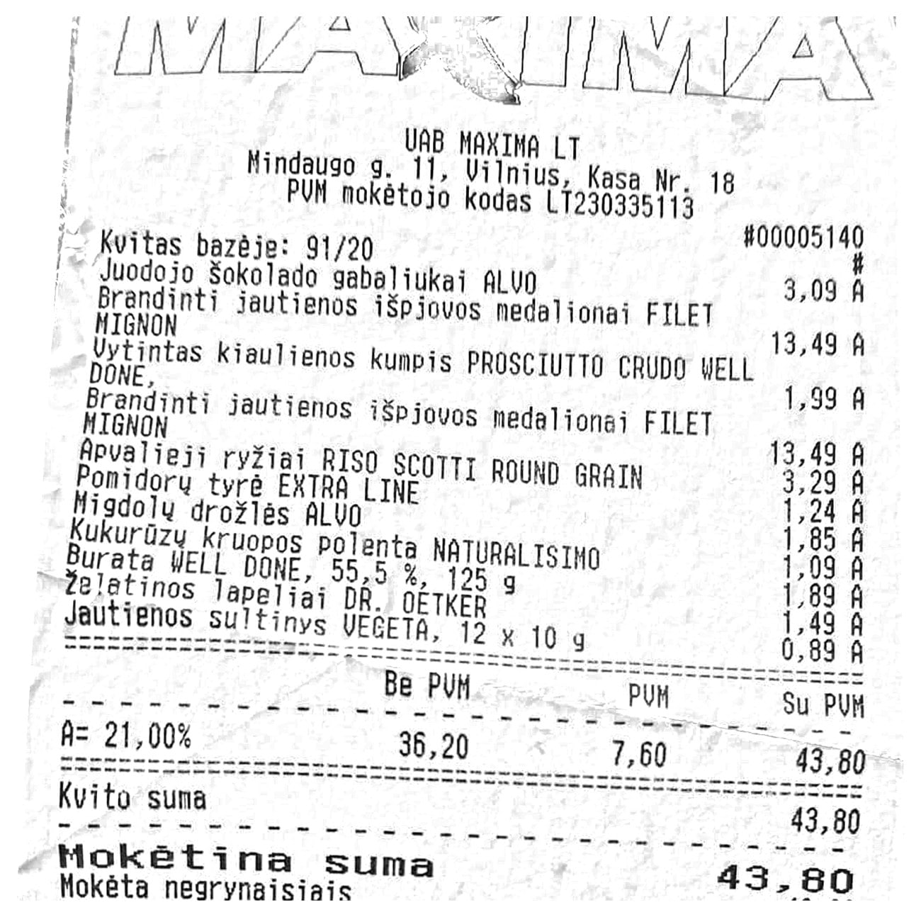 MAXIMA receipt, Mindaugo street, 29 September 2026, total €43.80
