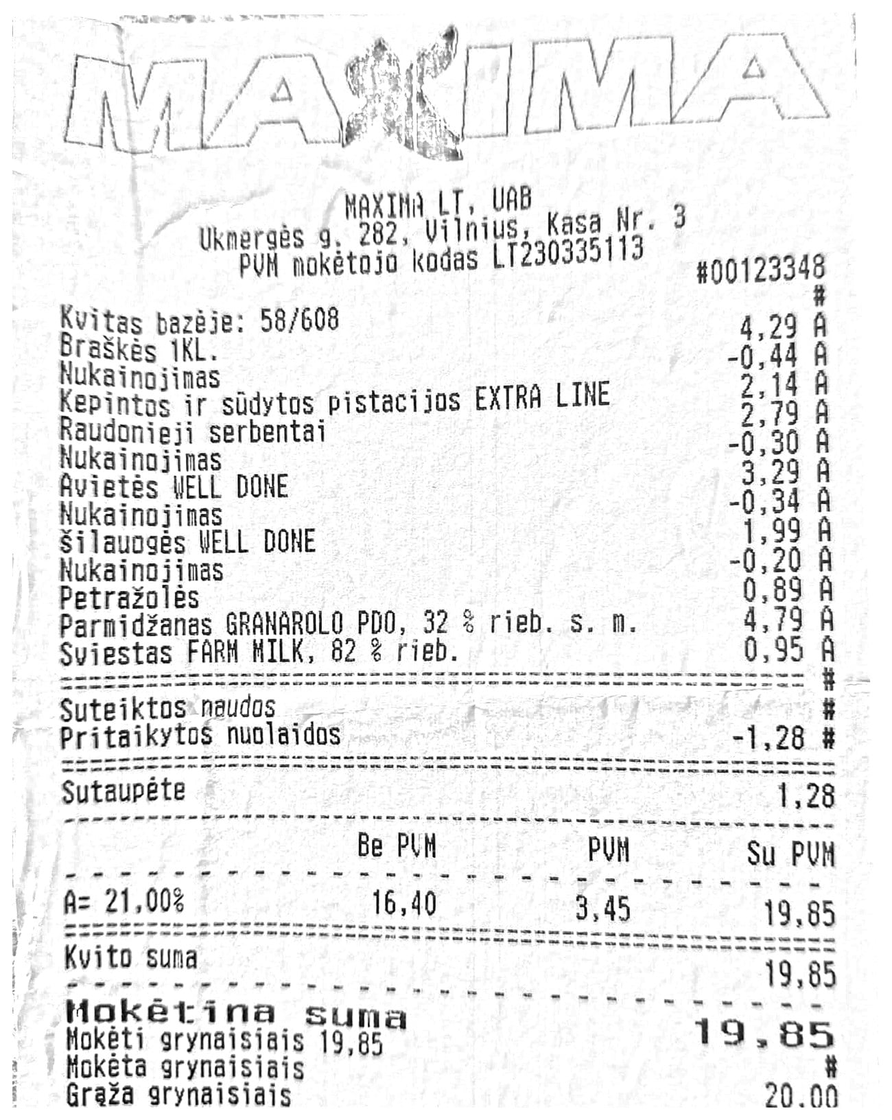 MAXIMA receipt, Ukmergės street, total €19.85