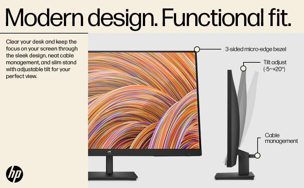 HP V27 27-inch FHD Monitor, Flat IPS Panel, 75 Hz refresh rate, 5 ms Response Time, 16:9 aspect ratio, 1920×1080 resolution, 250 nits brightness, Anti-glare display, Black