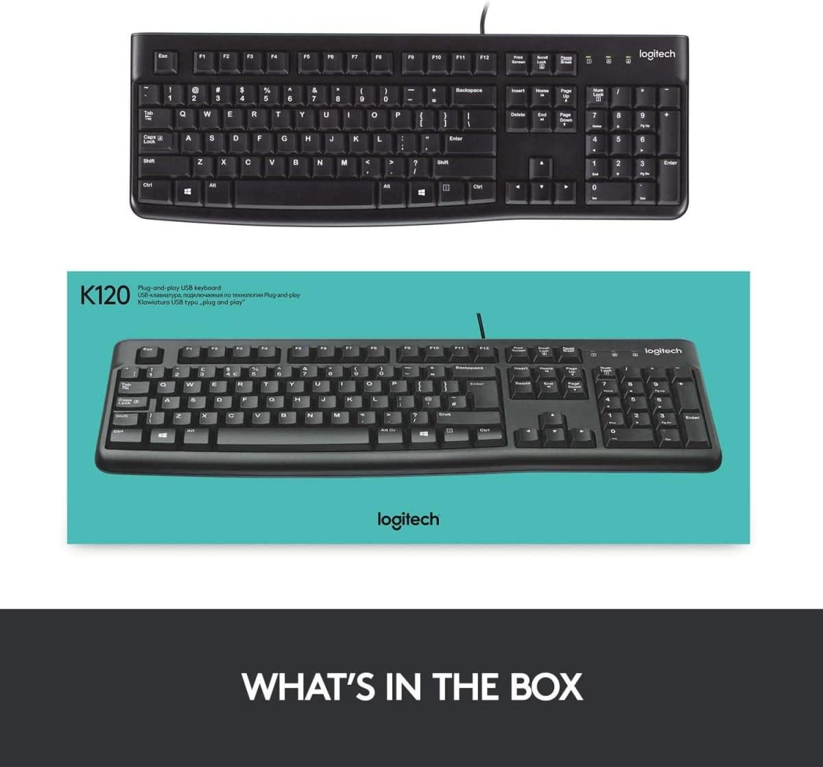 Logitech K120 Wired BUSiness Keyboard For Windows Or Linux, USb Plug-And-Play, Full-Size, Spill Resistant, Curved Space Bar, Pc / Laptop, English/Arabic Layout - Black
