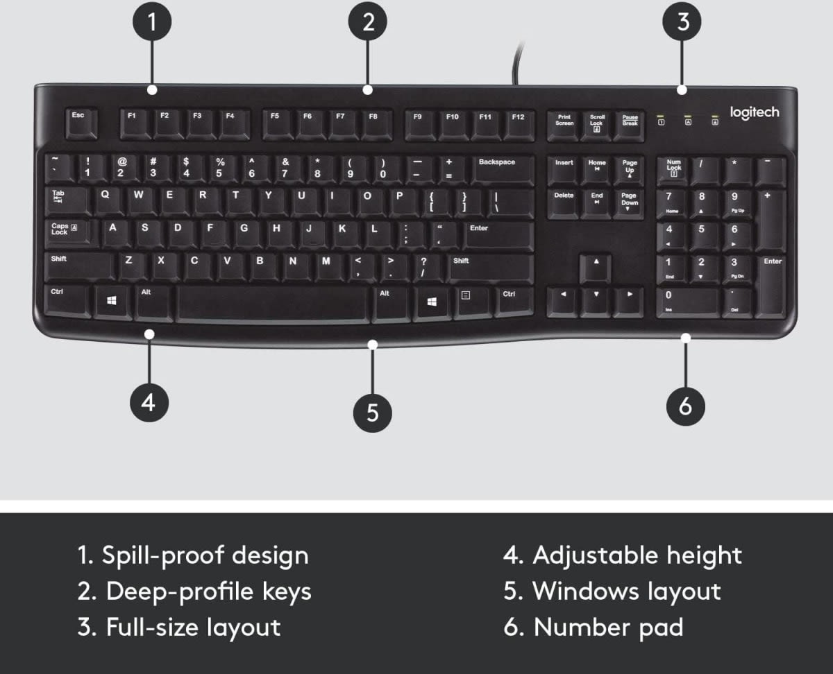 Logitech K120 Wired BUSiness Keyboard For Windows Or Linux, USb Plug-And-Play, Full-Size, Spill Resistant, Curved Space Bar, Pc / Laptop, English/Arabic Layout - Black