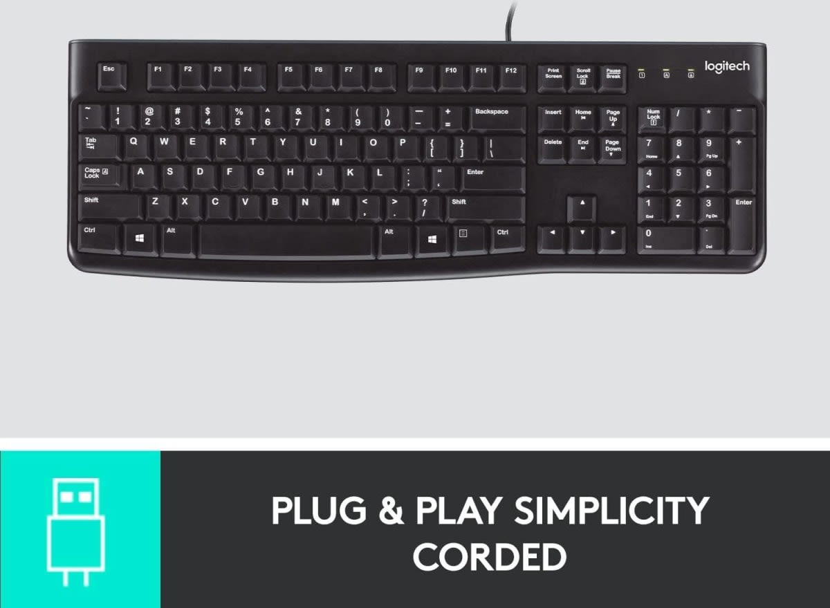 Logitech K120 Wired BUSiness Keyboard For Windows Or Linux, USb Plug-And-Play, Full-Size, Spill Resistant, Curved Space Bar, Pc / Laptop, English/Arabic Layout - Black