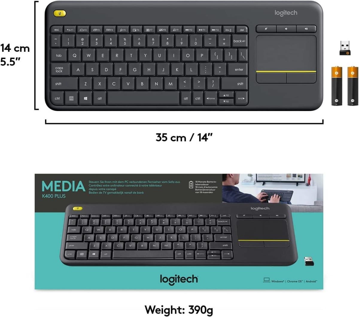   Keyboards Logitech K400 Plus Wireless Livingroom Keyboard with Touchpad for Home Theatre PC Connected to TV, Customizable Multi-Media Keys, Windows, Android, Laptop/Tablet, Arabic Keyboard - Black