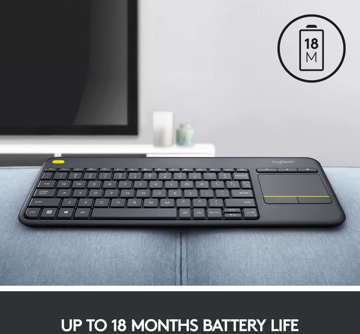   Keyboards Logitech K400 Plus Wireless Livingroom Keyboard with Touchpad for Home Theatre PC Connected to TV, Customizable Multi-Media Keys, Windows, Android, Laptop/Tablet, Arabic Keyboard - Black