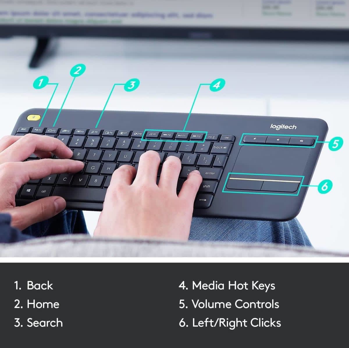   Keyboards Logitech K400 Plus Wireless Livingroom Keyboard with Touchpad for Home Theatre PC Connected to TV, Customizable Multi-Media Keys, Windows, Android, Laptop/Tablet, Arabic Keyboard - Black