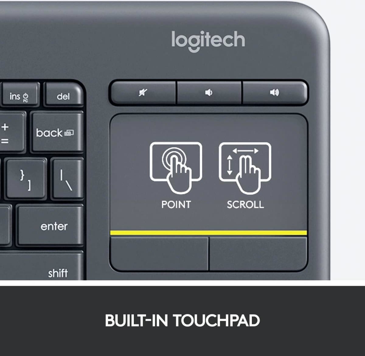   Keyboards Logitech K400 Plus Wireless Livingroom Keyboard with Touchpad for Home Theatre PC Connected to TV, Customizable Multi-Media Keys, Windows, Android, Laptop/Tablet, Arabic Keyboard - Black