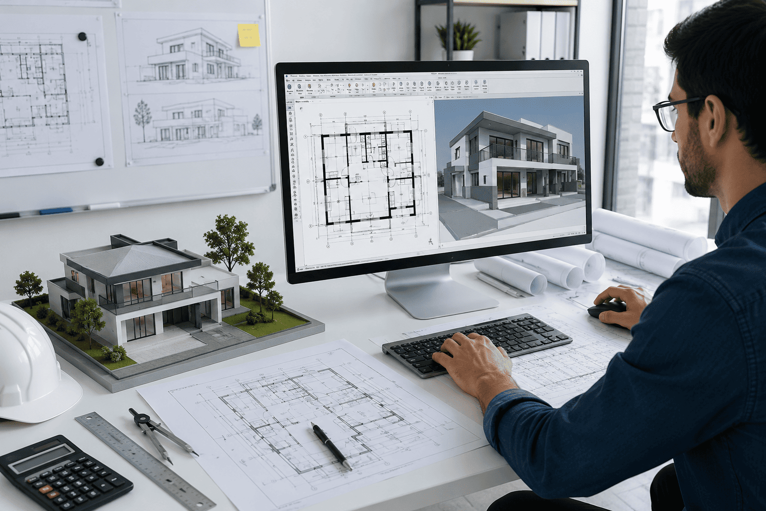 Architectural design process showing floor plans, 3D building model, and building design workflow for civil engineering students