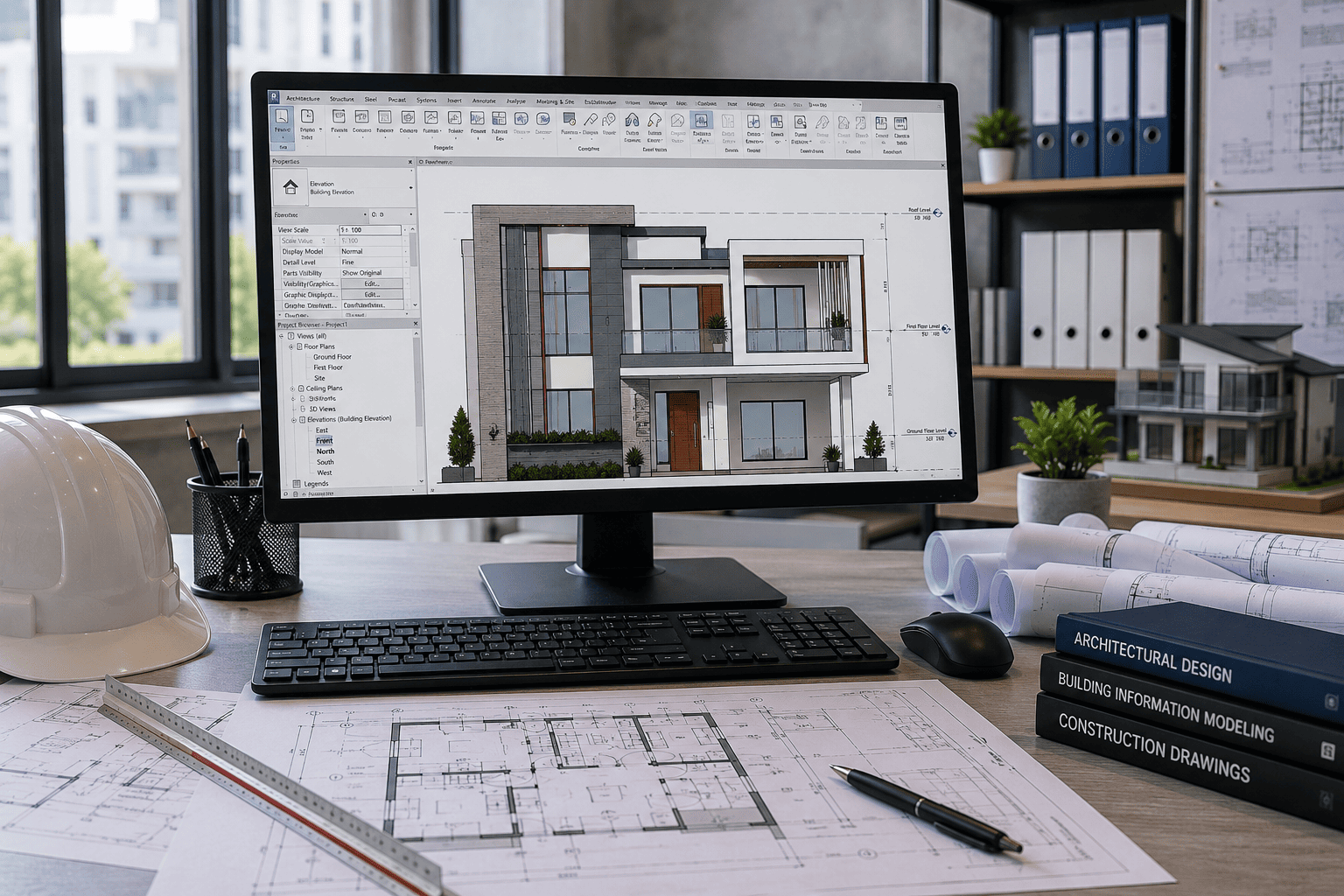 Architectural office workstation displaying a modern house front elevation in Revit Architecture for building design