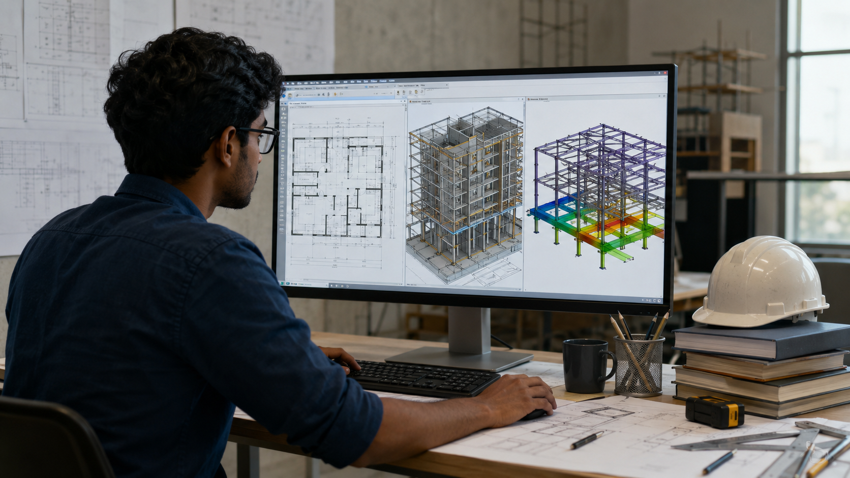 Civil engineering student learning AutoCAD, Revit, and STAAD Pro with 2D drafting, 3D BIM modeling, and structural analysis.