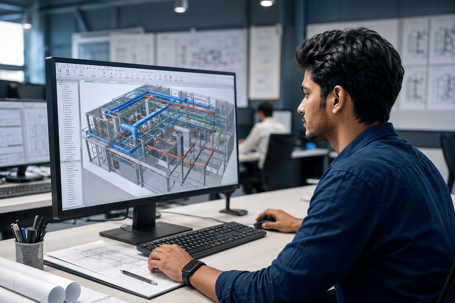 Revit MEP 3D model showing coordinated HVAC, plumbing, and electrical systems
