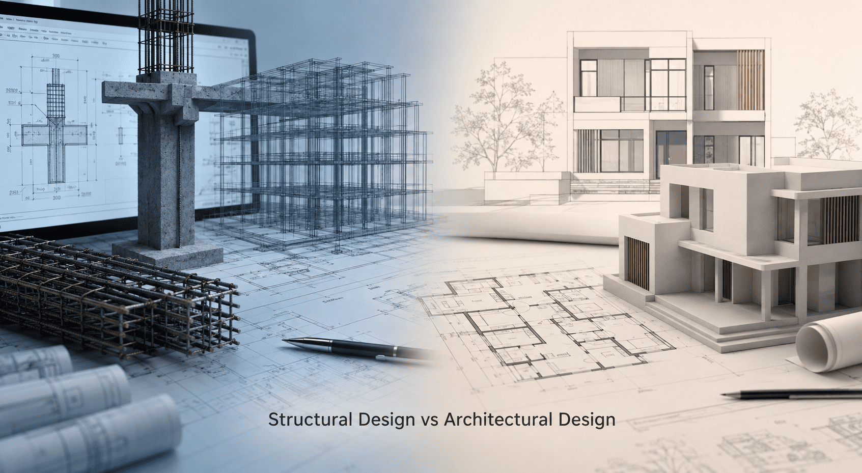 Split image comparing structural engineering drawings with architectural building design, representing structural design vs architectural design