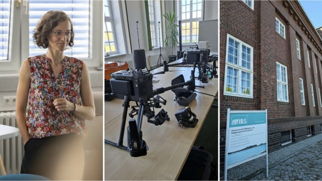 FDTech's Dr. Anke Stoll with exhibited drones and the IBS Forum building