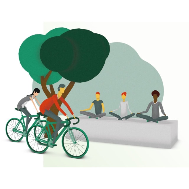 Illustration of group of people cycling or doing yoga - FDTech.de