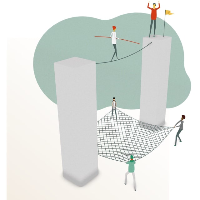 Illustration of a group of people, balancing over a rope or stretching a safety net - FDTech.de