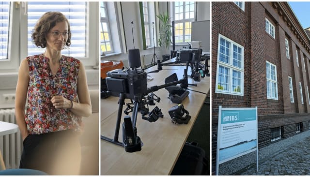 FDTech's Dr. Anke Stoll with exhibited drones and the IBS Forum building