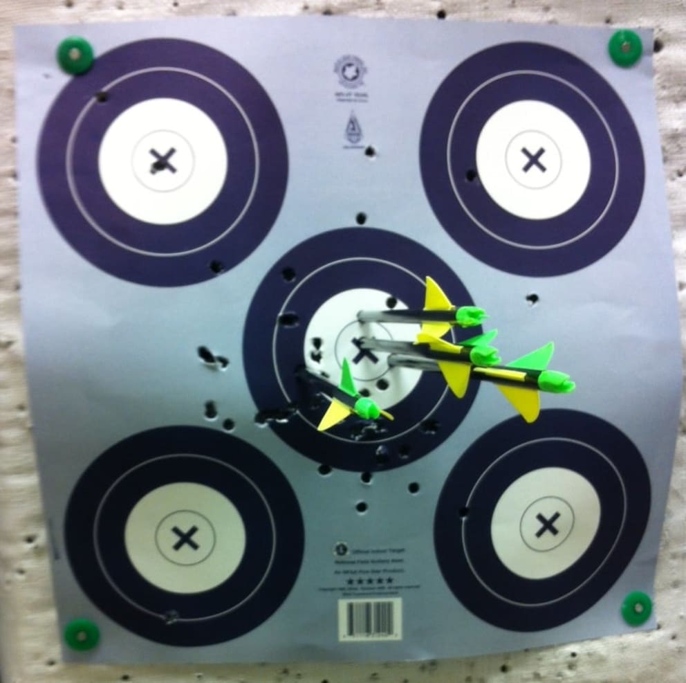 Shooting range target full of arrows very close to center