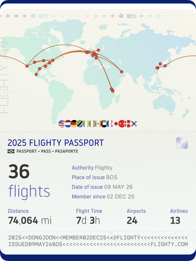 Flighty year-in-review passport for 2025: map of routes from Boston, 36 flights, 74k mi