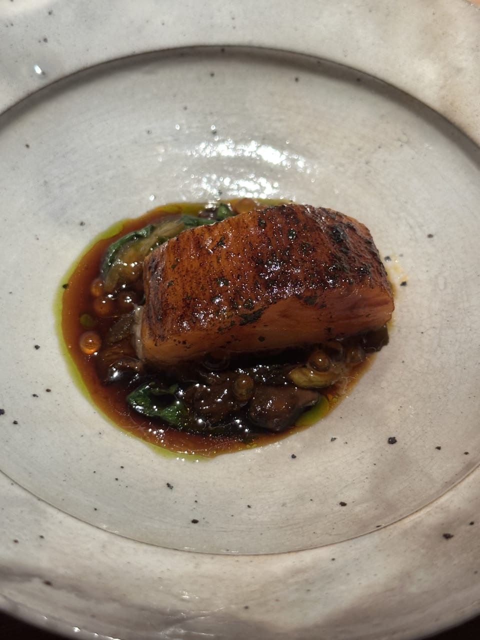 Steelhead trout, adobo de chicatana, mushrooms at Quintonil