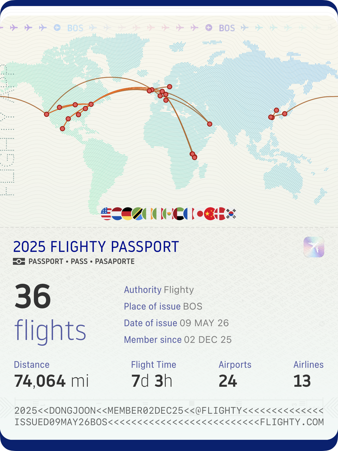 Flighty year-in-review passport for 2025: map of routes from Boston, 36 flights, 74k mi