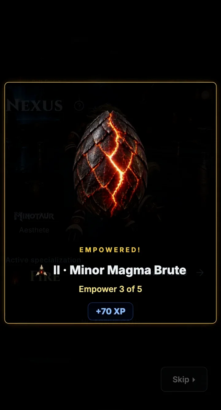 The Empowered ceremony for II · Minor Magma Brute at Empower 3 of 5, with its reward