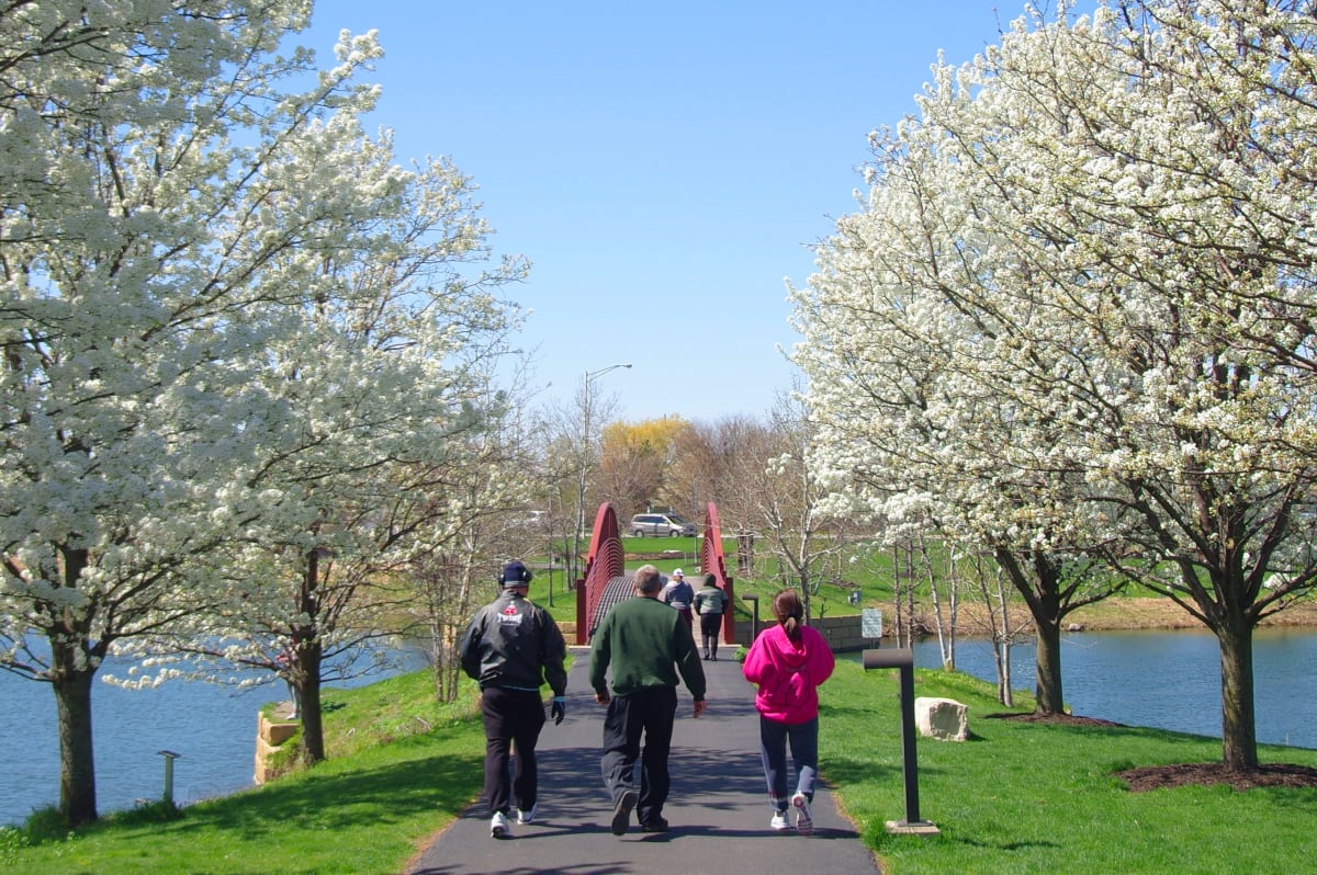 A tree-lined neighborhood park path in Munster, Indiana