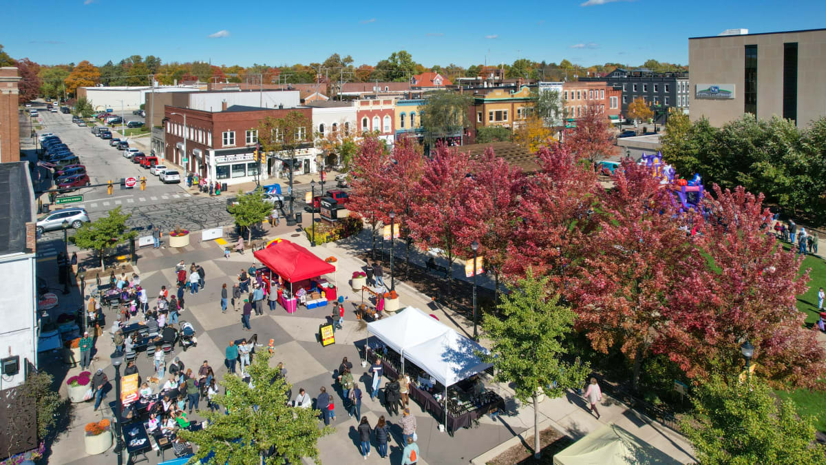 An aerial view of downtown Valparaiso, Indiana with autumn color